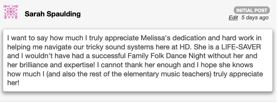 NSHelpDesk's tweet photo. "She is a LIFE-SAVER... I cannot thank her enough & I hope she knows how much I (and the rest of the elementary music teachers) truly appreciate her!"
Melissa IS a LIFE-SAVER! I truly appreciate her too! 😊
Thank you @HDHawks Teacher, Sarah, for the Shout Out!
#BestTechTeam https://t.co/W8nkNQutaO