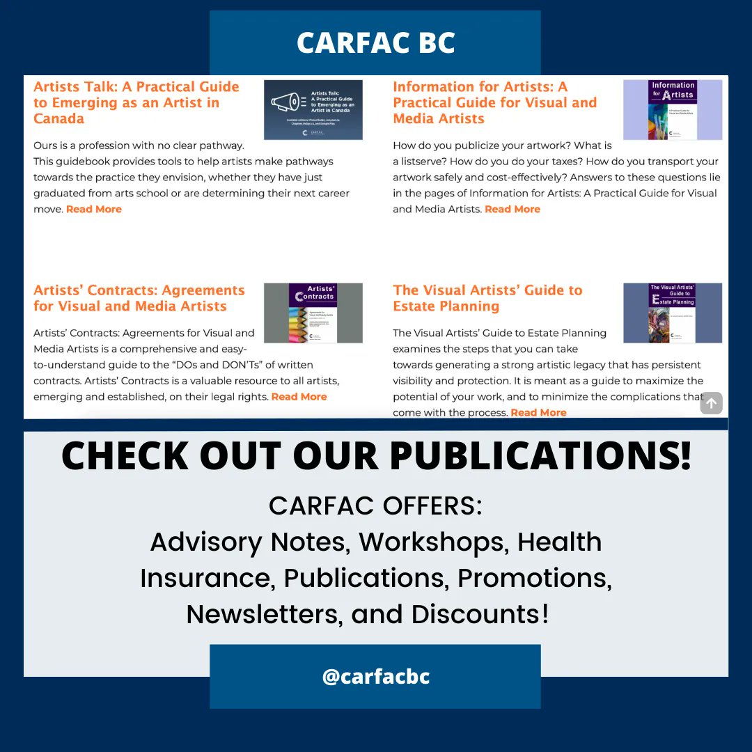 Whether you're looking for industry tips or navigating artist contracts, we have a publication that you may be interested in. CARFAC BC members also receives a discount on all publications among with other benefits. buff.ly/3kYUnCu 
 #artistsupport #CARFAC #canadianartist