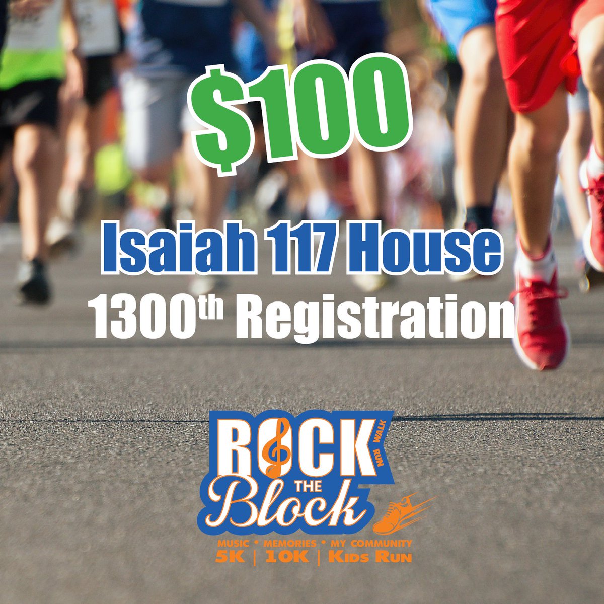 RockTheBlockRun's tweet image. Wow! Look at this! We now have 1,300 (and counting) registered for #RTBR23! And another $100 goes to Isaiah 117 House for bringing this milestone participant to the starting line. Get your race day information on our website. ow.ly/POet50NNkiz