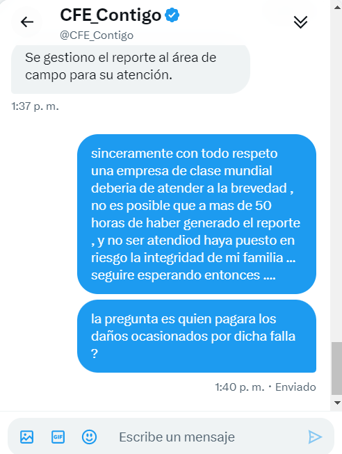 DANEL_TRAVIESO's tweet photo. @CFE_Contigo @Todos una empresa de clase mundial no puede solucionar un problema desde hace mas de 50 horas ... su comentario -Se gestiono el reporte al area de campo para su atencion... https://t.co/YRcR3TufwS