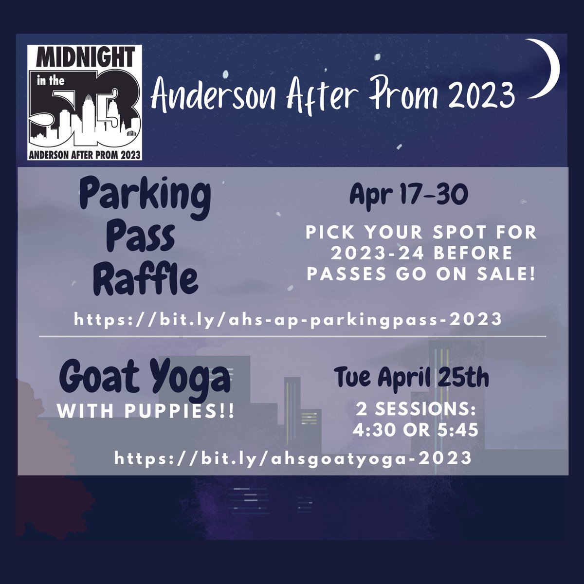 arjcmiller's tweet image. Hey @AndersonRaptors juniors/seniors want to get a chance to pick your parking spot before they go on sale?

Get your raffle tickets now: bit.ly/ahs-ap-parking…

Get your goat yoga tickets at bit.ly/ahsgoatyoga-20….