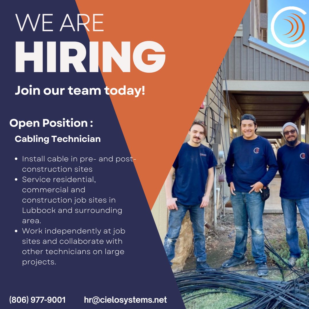 CieloSystems's tweet photo. Cielo Systems is looking to hire another cabling technician! If you are a recent high school graduate looking to learn a trade, we would be happy to teach you the ins and outs of network cabling. Send over a resume or give us a call today to learn more about this opportunity!#IT https://t.co/VUns6BqGvo