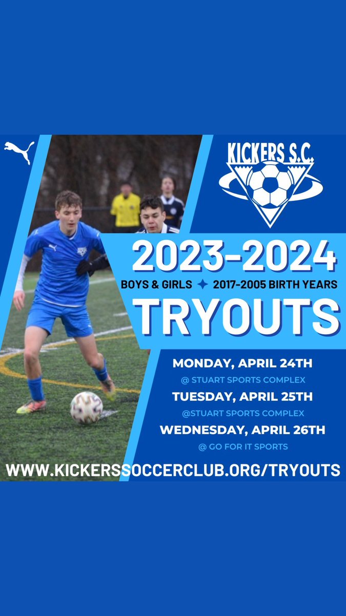 KickersSC's tweet image. Register NOW! Times and additional information at kickerssoccerclub.org/tryouts