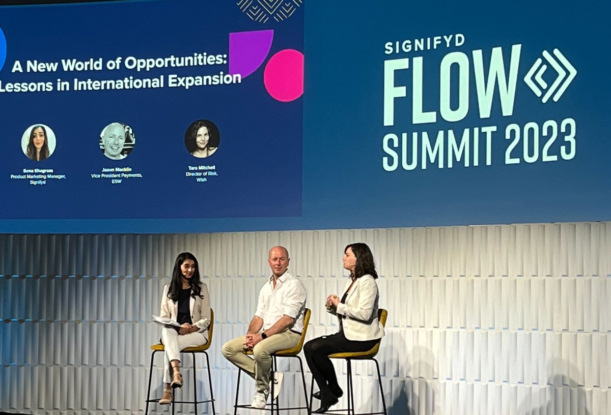 signifyd's tweet photo. Tara Mitchell (Wish), Jason Macklin (ESW), and @Sona_Khagram (Signifyd) take us on a journey to a new world of opportunities and discuss key lessons learned in the process of cross-border expansion.
#FLOWSummit23 #FearlessCommerce https://t.co/kdQzhyUnRW