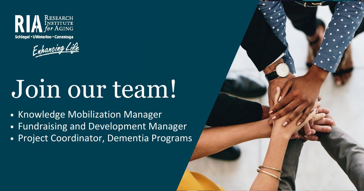 The RIA is growing! We're hiring for three key roles: Knowledge Mobilization Manager, Fundraising and Development Manager, and Project Coordinator for Dementia Programs. If you're passionate about improving the lives of older adults, we want to hear from you! Explore the
