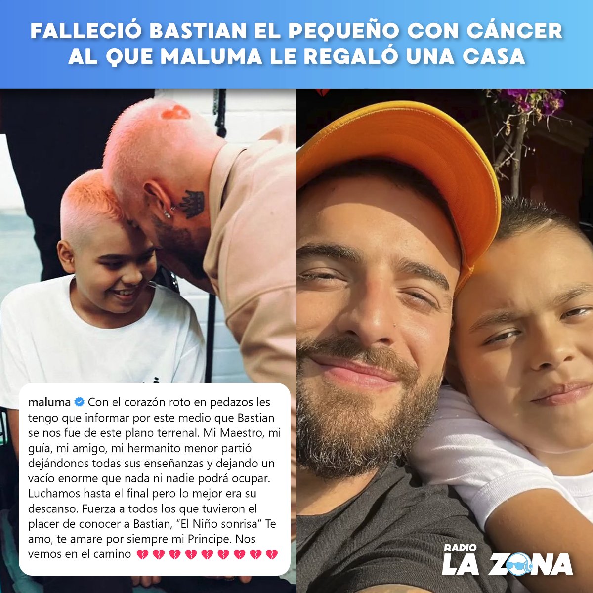 #Maluma reveló que Bastian, el pequeño que padecía de cáncer y que el cantante sorprendió con una casa para él y su mamá, acaba de partir a causa de su enfermedad. 🙏🕊️ 

Papi Juancho no fue ajeno a la noticia y compartió un emotivo mensaje a causa del fallecimiento de su amigo.