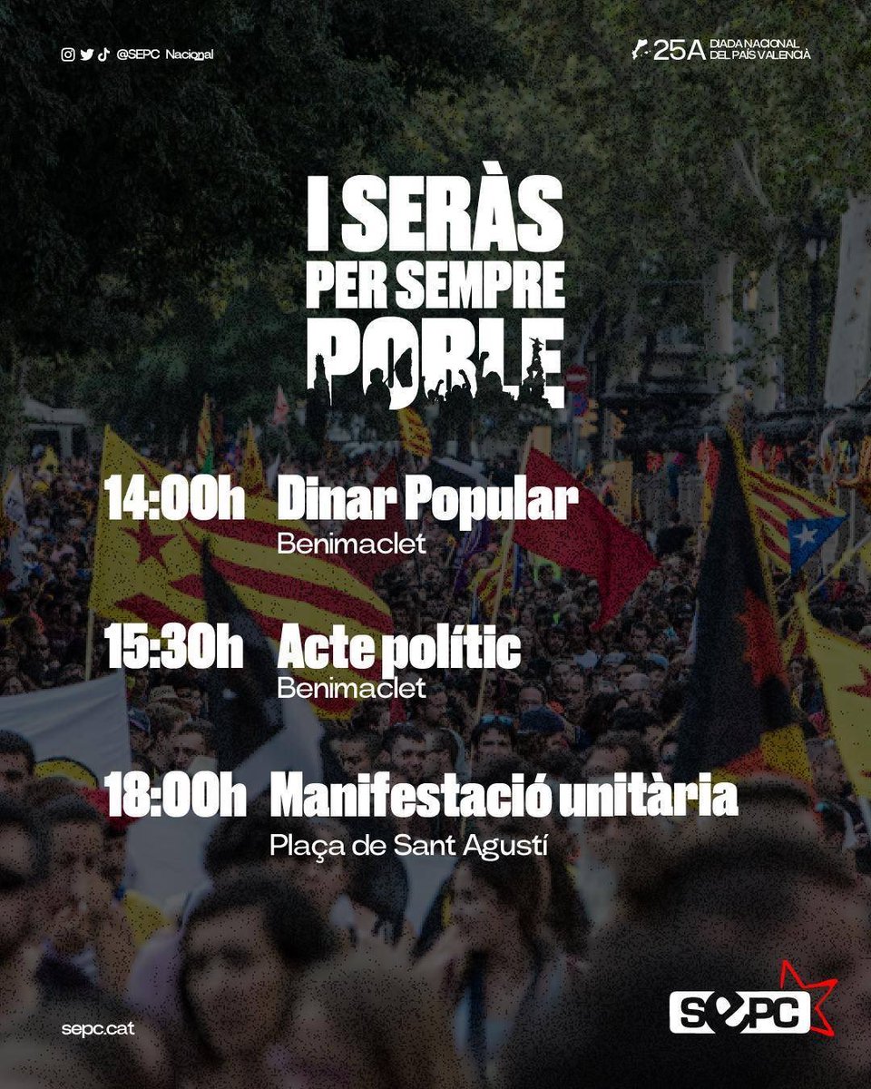 🔴 #25A || Aquest dissabte omplirem els carrers de #València amb la convicció que només trencant amb els estats espanyols i francès podrem alliberar-nos.

Com a classe i com a poble: UNITAT I LLUITA! ✊🔥