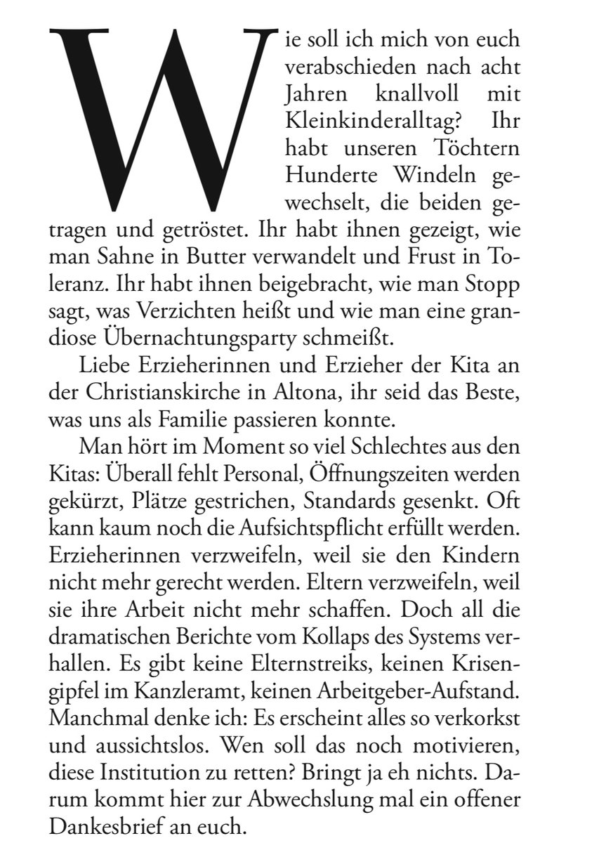 jo_schoener's tweet photo. Bei euch war der Alltag nie etwas, das es nur zu bewältigen galt. Der Alltag war das Leben… In der @DIEZEIT von morgen habe ich einen Abschiedsbrief an unsere Kita in Hamburg Altona geschrieben. Eventuell ist es ein Liebesbrief geworden. Wut ist auch dabei.
#twKita https://t.co/uNPv7jnqRi