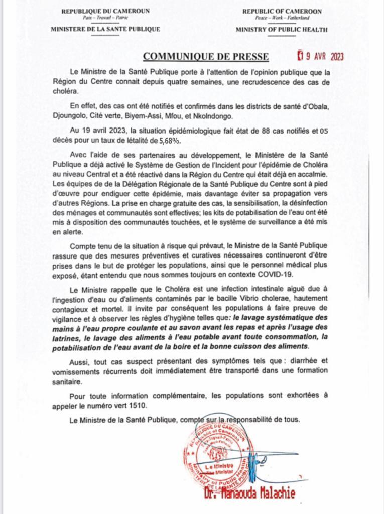 Le cholera est à Yaoundé.  ATTENTION, ATTENTION ,ATTENTION 
LAVEZ-VOUS LES MAINS AUTANT QUE POSSIBLE dans la journée avec de l'eau et du savon et évitez les fruits.
Les ancêtres nous gardent!