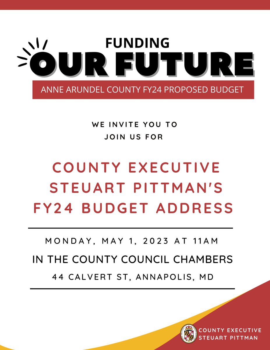 AACoExec's tweet photo. After hosting 8 Budget Town Halls and reviewing hundreds of requests from residents and county agencies, on May 1st I will present my Budget Address to the County Council. https://t.co/f1g0rVuat0