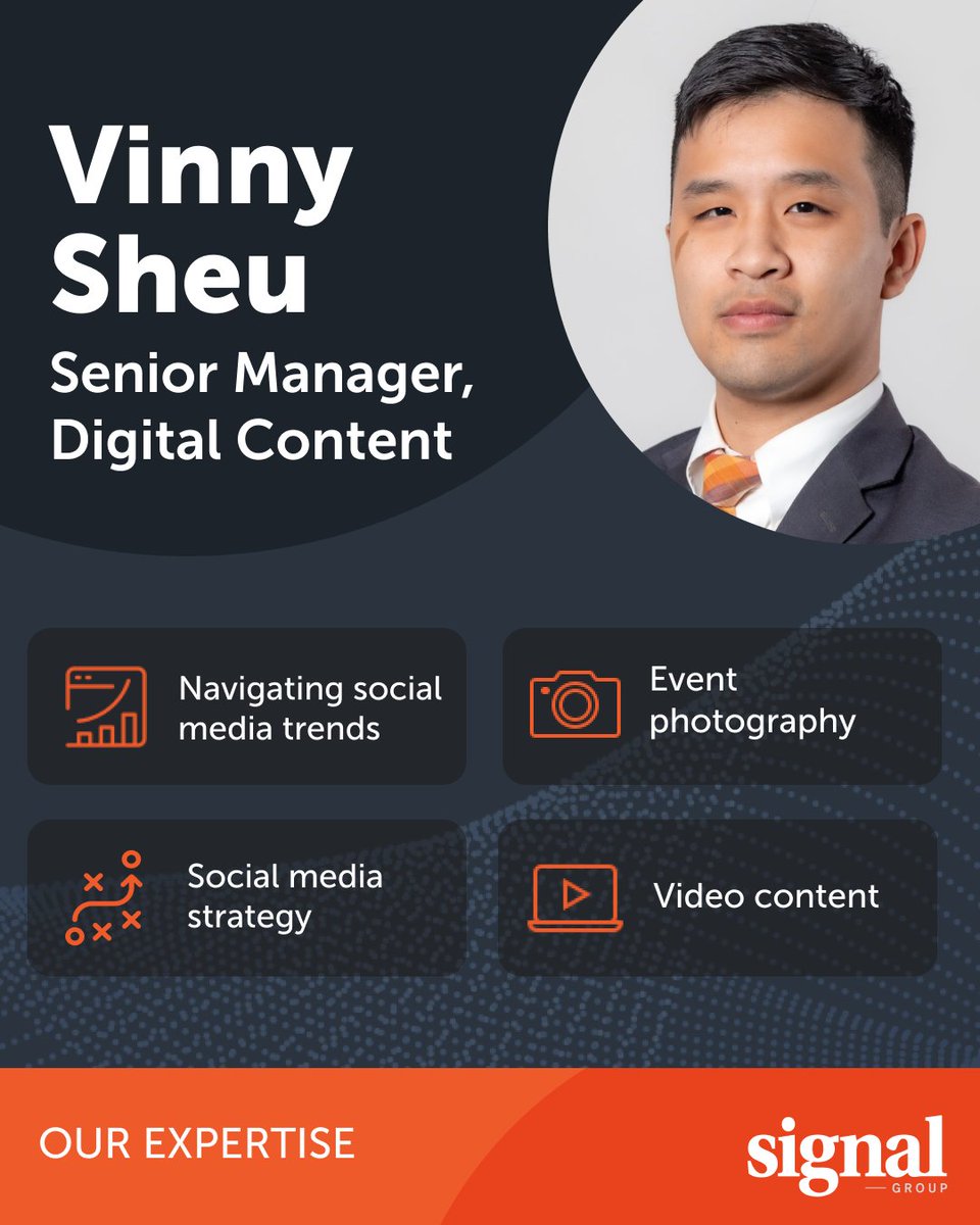 signalgroupdc's tweet photo. At Signal, Vinny Sheu is an expert in all things digital content, elevating client’s social media and video content to reach their goals. Learn more: https://t.co/uWKei8ZIFH https://t.co/SxPN0eF4w4