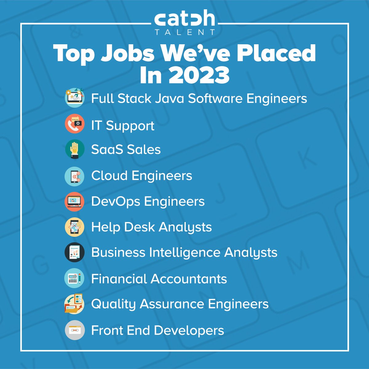 catchagency's tweet image. So far in 2023, these are the roles we place most often... Check it out! #techroles #technicalrecruitment #recruiting #hiring #techcareers #itjobs #javajobs #cloudengineer #bianalyst #hiringnow #salesjobs #frontenddeveloper