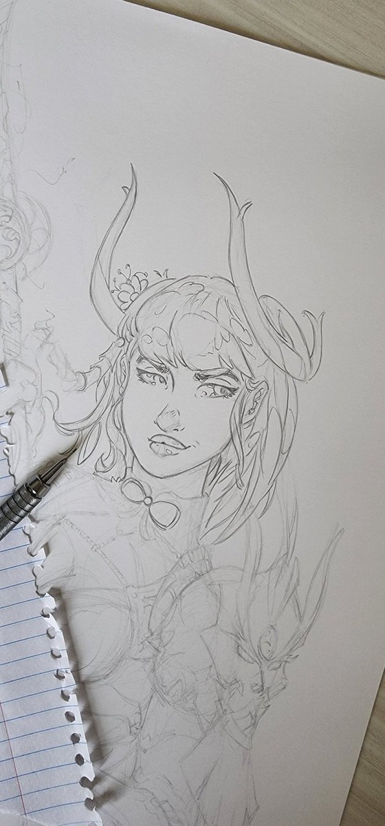 DutzWorks's tweet photo. Ahoy all! 
Started the tight line phase of my #Genshinlmpact drawing of #RaidenShogun!!! Whew, the linework on this is going to be really fun but involved, especially when I get to more of the armor plating in areas like shoulders and arms.

More soon!
#art #sketch #drawing #fun https://t.co/RbLdO5k1Us