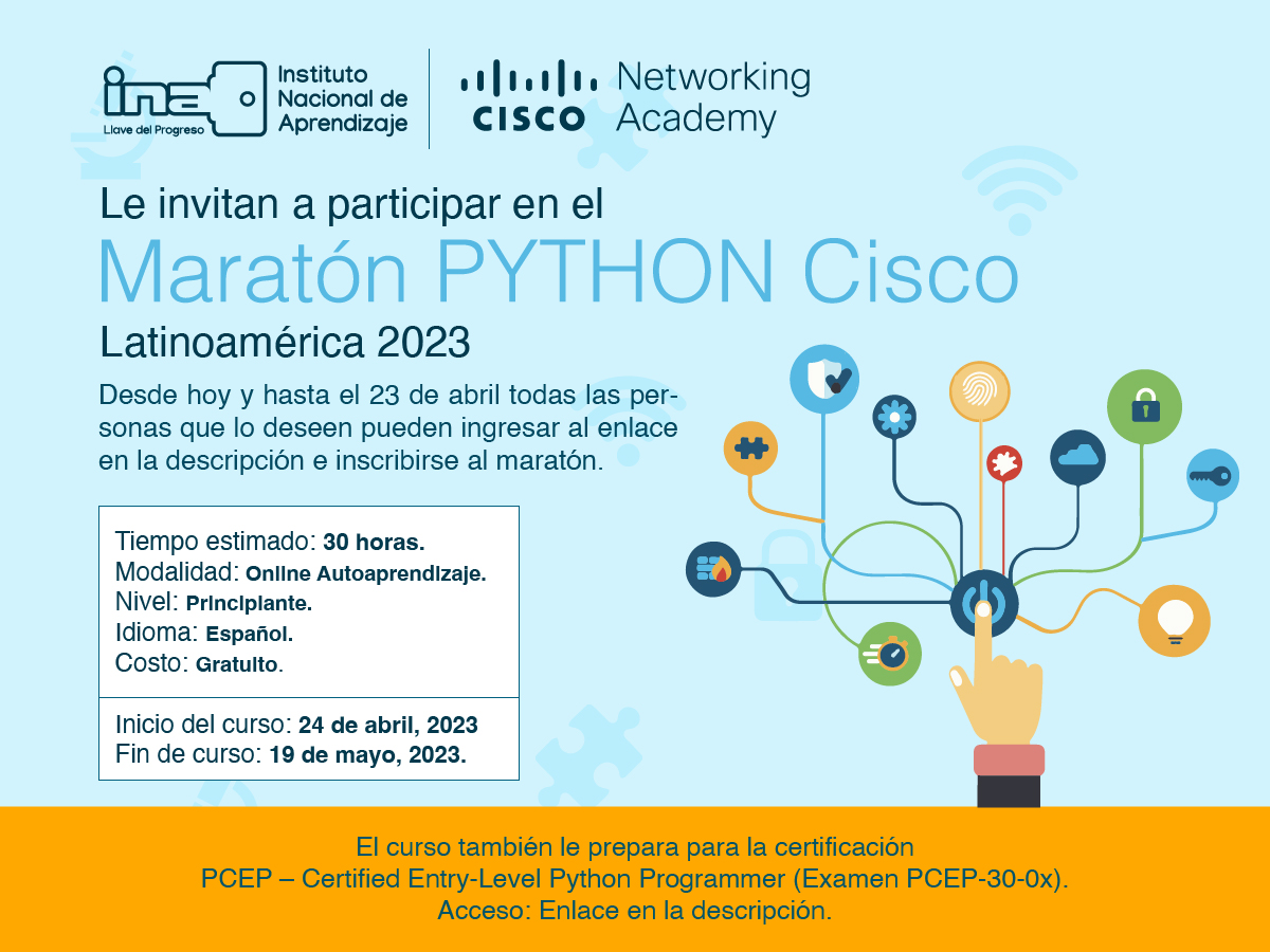INAdeCostaRica's tweet photo. 💥🔝🔥 Cupos gratuitos e ilimitados para capacitarse en Python con Cisco  🤩 
 
🗣️Participe en el Maratón Python LatAm, organizado por Cisco Networking Academy. 

🫵➡️ Inscripción ya abierta y hasta el 23 de abril en: https://t.co/3mNvAi9Ms6 https://t.co/57ZnF0cdfI