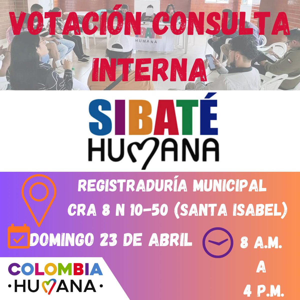 SibateHumana's tweet photo. ⛏️Elecciones internas de la Sibaté Humana.⛏️
✅Candidaturas a la gobernación de Cundinamarca.                                               ✅Candidaturas a la Asamblea. Departamental de Cundinamarca.
✅Candidato a la Alcaldía de Sibaté
✅Candidaturas al Concejo Municipal. https://t.co/vVmo7GFDtE