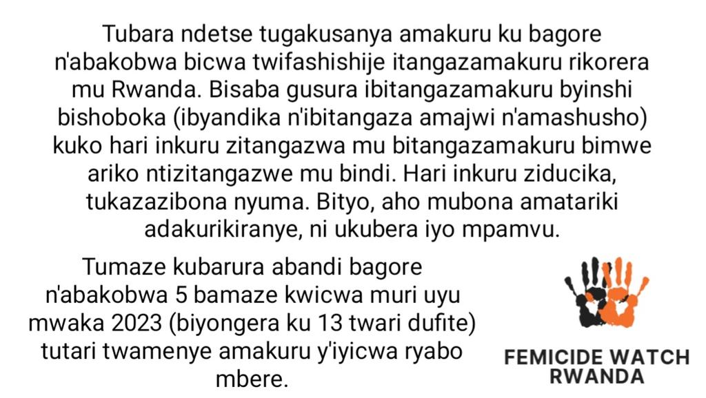 Ihumure_'s tweet photo. 5 more femicide victims of 2023 we had not documented before.
In the first 3 months of 2023 (Jan-March), we have so far documented 18 women & girls murdered in Rwanda.
#CountThem #SayTheirNames #EndFemicide https://t.co/88VeLXXJJB