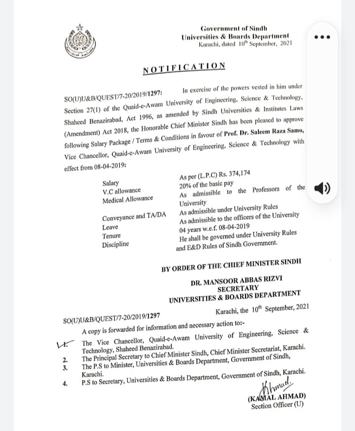 anglican06's tweet photo. Govt of Sindh issued letter for salary &amp; allowances for Ex VC QUEST Nawabshah Saleem Raza Samo. Enquiry should be initiated to know how much excess amount(not approved by CM Sindh) is grabbed by him.
#Justice4QUEST 
@MuradAliShahPPP 
@SindhCMHouse
@MIsmailRahoo
@JavedNLaghari https://t.co/peO4lfQt22