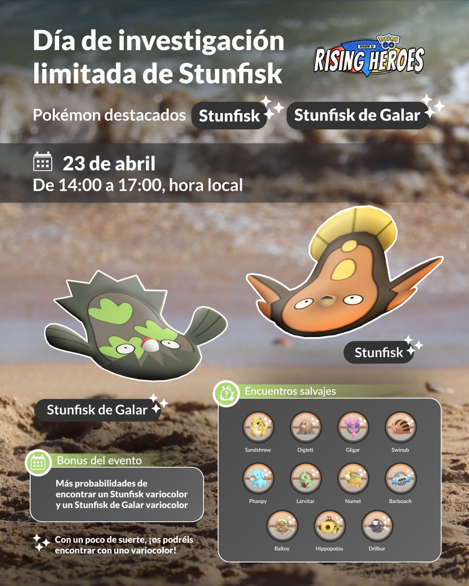 PokemonGOespana's tweet photo. Prometemos que este evento no es una trampa, ¡sino una oportunidad de capturar al Pokémon Trampa! 

¡Un nuevo día de investigación limitada con Stunfisk y Stunfisk de Galar tendrá lugar el 23 de abril de 14:00 a 17:00, hora local!

https://t.co/yrG9MRXWW7 https://t.co/2FrB3HjizN