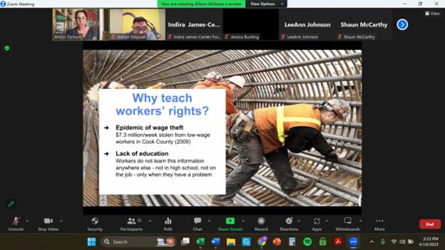 MAWorkforce's tweet photo. Many thanks to @adrianesquivel of @Chi_WF_Funders and Alison Dickson of @UofIllinois for sharing your work to educate workers about their rights through #wkdev! #workerpower #workervoice #GrowingEquity https://t.co/HqeU7sMdRa