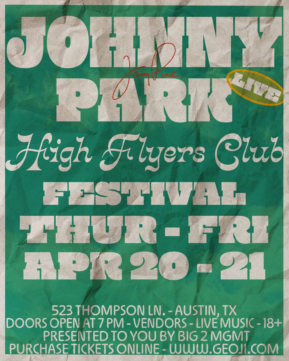 JohnnyParkFTV's tweet photo. THIS THURSDAY &amp; FRIDAY! Come Out to The High Flyers Club Festival to watch me perform at my first 4/20 Music Festival. Tickets are gonna be sold online using the LINK in my Bio, I hope to see you there!🔭

⏰: Doors Open at 7:00 PM Both Days

📍: 523 Thompson Ln. Austin, TX 78742 https://t.co/oOYap5TDah