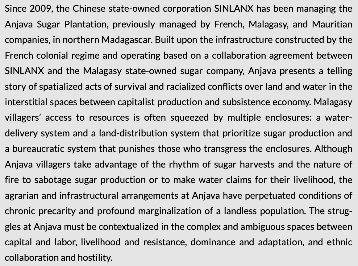 Anjava is a northern Madagascar sugar producer currently run by a Chinese company, and is the major industrial producer in the area.

The irrigation canals the company uses to grow its sugar cane can put it at odds w/ local communities, who grow food in &amp; around the canals.