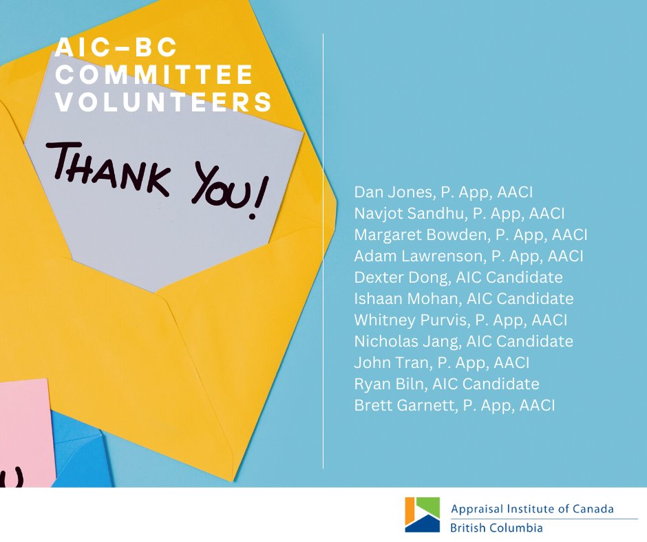 AICanada_BC's tweet photo. We want to give a shoutout to the amazing volunteers of the AIC-BC Committees. These hardworking individuals have gone above and beyond to support AIC-BC and the real estate appraisal profession.
Thank you!
#NVW2023
#ProfessionallyAppraised
#AICProfessionalAppraisers https://t.co/wK62WU98d1