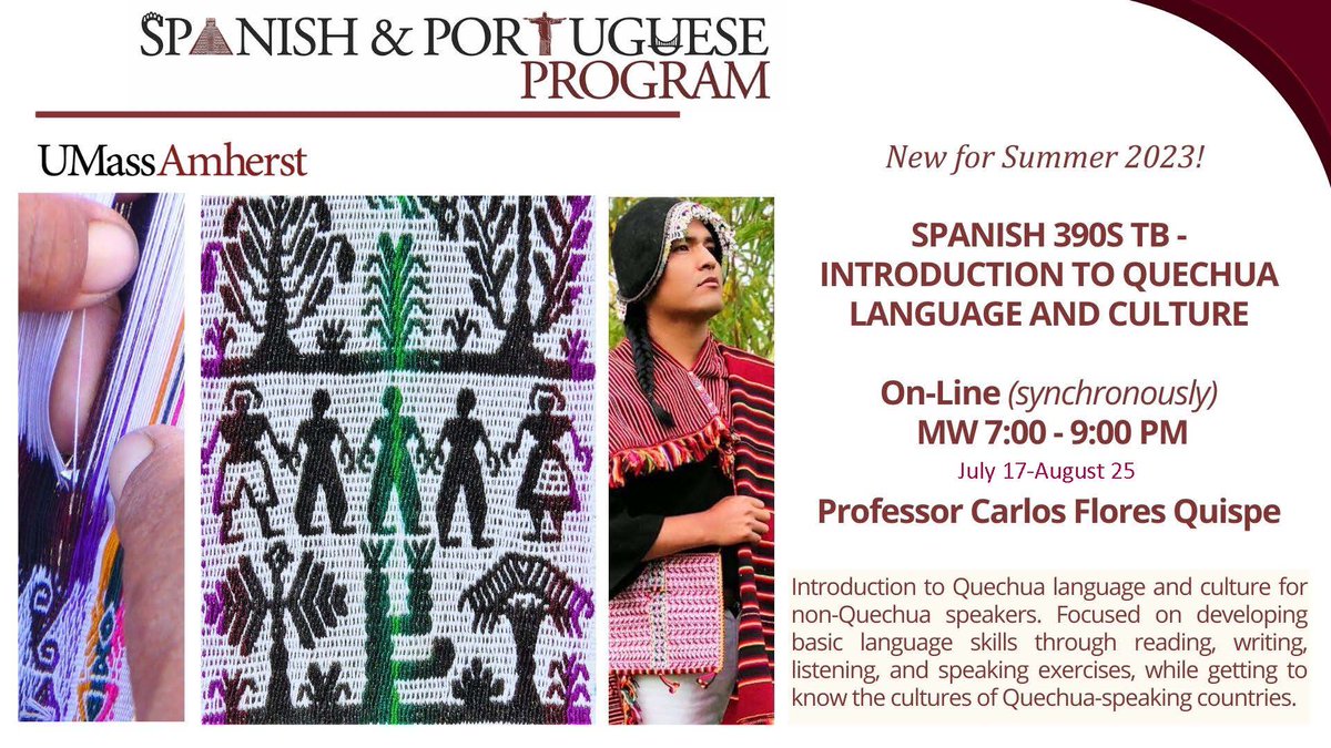 umassCLACLS's tweet image. Learn Quechua online this summer with @spanportumass at UMass Amherst! 
#umassamherst #quechua #quechualanguage