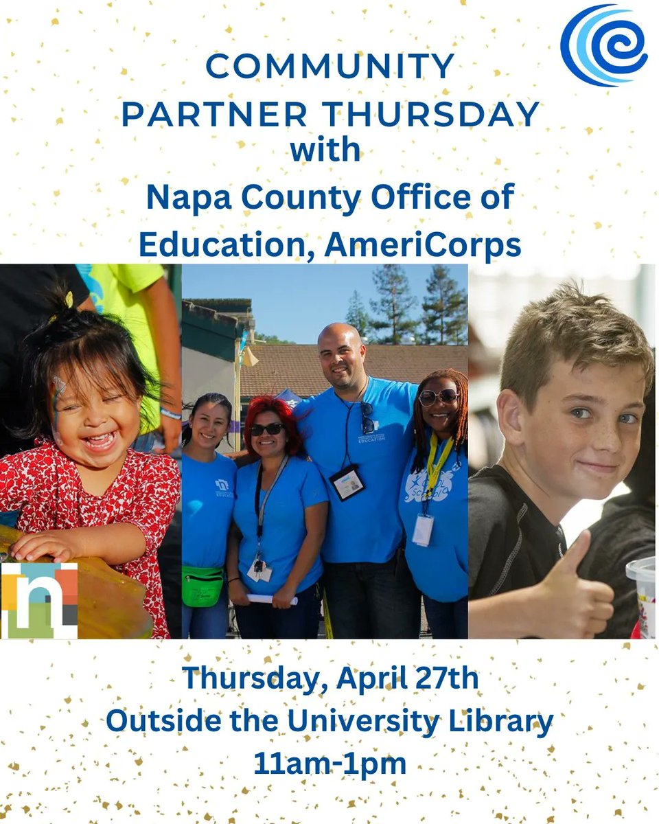 Our last Community Partner Thursday of the semester is 4/27 with the Napa County Office of Education. Visit their table to learn about serving as a mentor and tutor for kids in schools or serving at a nonprofit focused on building volunteer programs. buff.ly/3KMcGqE