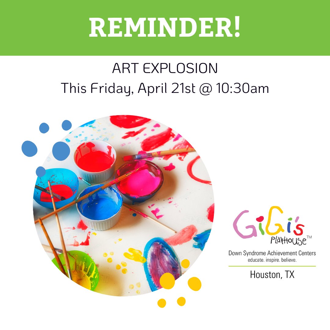 GiGis_Play_Hou's tweet photo. WE'RE BACK! Come to the playhouse on Friday, April 21st at 10:30am for Art Explosion. It's a program that you don't want to miss. Register with the link in our Bio!
#artexplosion #downsyndromecommunity #getcreative https://t.co/PpIzL5katT