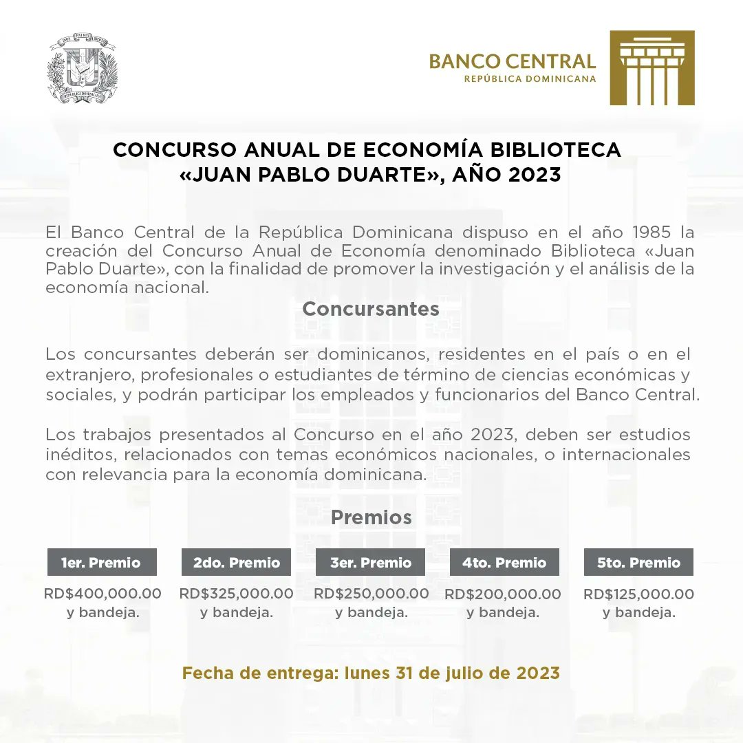 BancoCentralRD's tweet photo. #CulturaBCRD
Participa en el Concurso Anual de Economía Biblioteca #JuanPabloDuarte. Consulta las bases aquí. https://t.co/UpPmoG7cGs https://t.co/qVu8BjzGuX