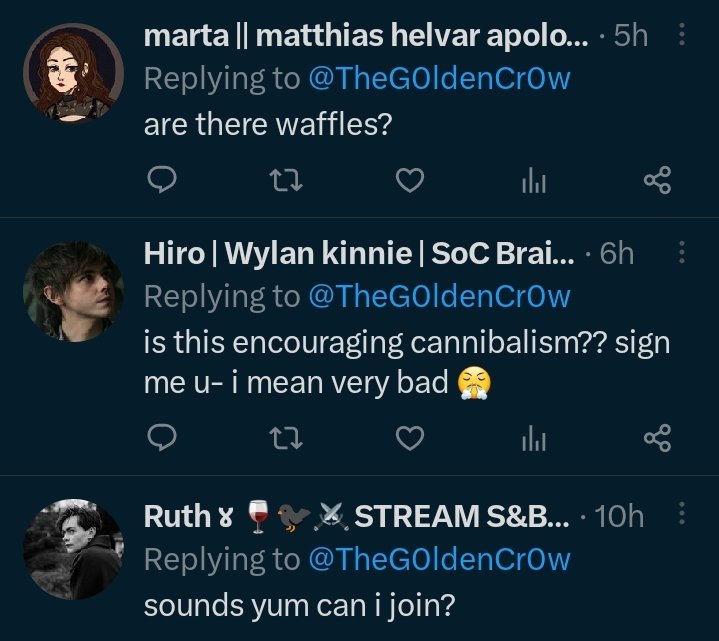 TheG0ldenCr0w's tweet photo. Three different type of people when asking about the soc dinner table.
@localtiredgirl
@hiroofthebarrel
@yiieiske
#WhoIsMark #SOCspinoff #ShadowAndBone https://t.co/xnr402mZG1
