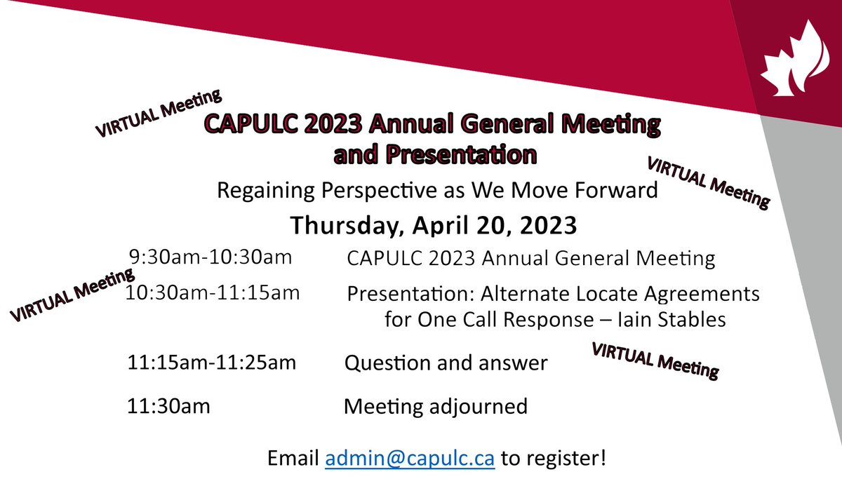 CAPULC_'s tweet image. Join us for the VIRTUAL - CAPULC 2023 Annual General Meeting tomorrow, April 20 @ 9:30am
Presentation:  Alternate Locate Agreements for One Call Response by Iain Stables from ATCO @ 10:30am
Visit capulc.ca or email admin@capulc.ca to register! #CAPULC #AGM #notice