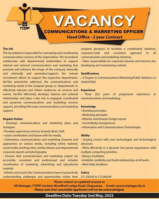 #APPLYNOW Applications are invited by suitably qualified persons for the following positions within <a href="/YTEPP1/">YTEPP Limited</a>
For more information, click: bit.ly/2RV0hpa

#LabourGovTT #DecentWorkTT #IndustrialPeaceTT #OpportunityForAllTT #TrinidadandTobago🇹🇹