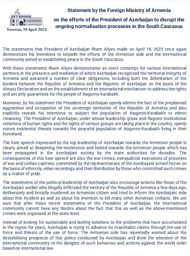 djorkaeffdenis's tweet image. ⚠️Le président de l’azerbaijan admet ouvertement le fait de l&apos;agression et de l&apos;occupation pré-planifiées des territoires souverains de l’Armenie et révèle explicitement ses intentions de soumettre la population du NagornoKarabakh à un nettoyage ethnique !! #stopaliyev 
MFA de 🇦🇲