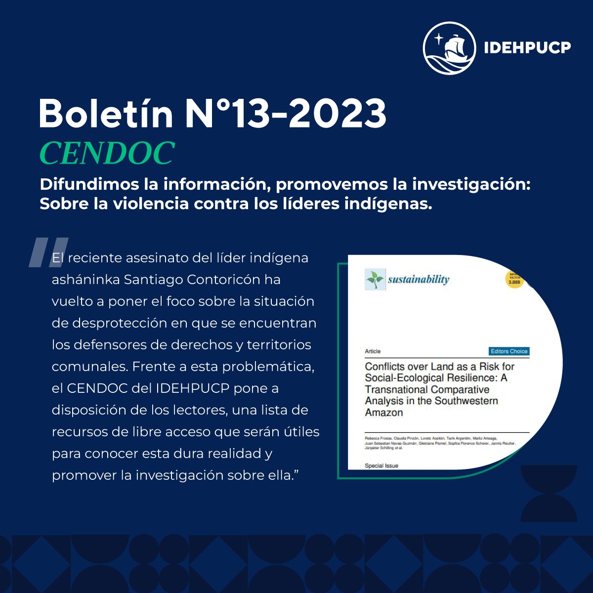 idehpucp's tweet photo. #CENDOC 📚
El Centro de Documentación (CENDOC) del IDEHPUCP pone a disposición de los lectores, una lista de recursos de libre acceso que serán útiles para conocer más sobre la violencia contra los líderes indígenas.

Lee las reseñas aquí 👉https://t.co/eqQBRO6vgK https://t.co/py88tdlTRl