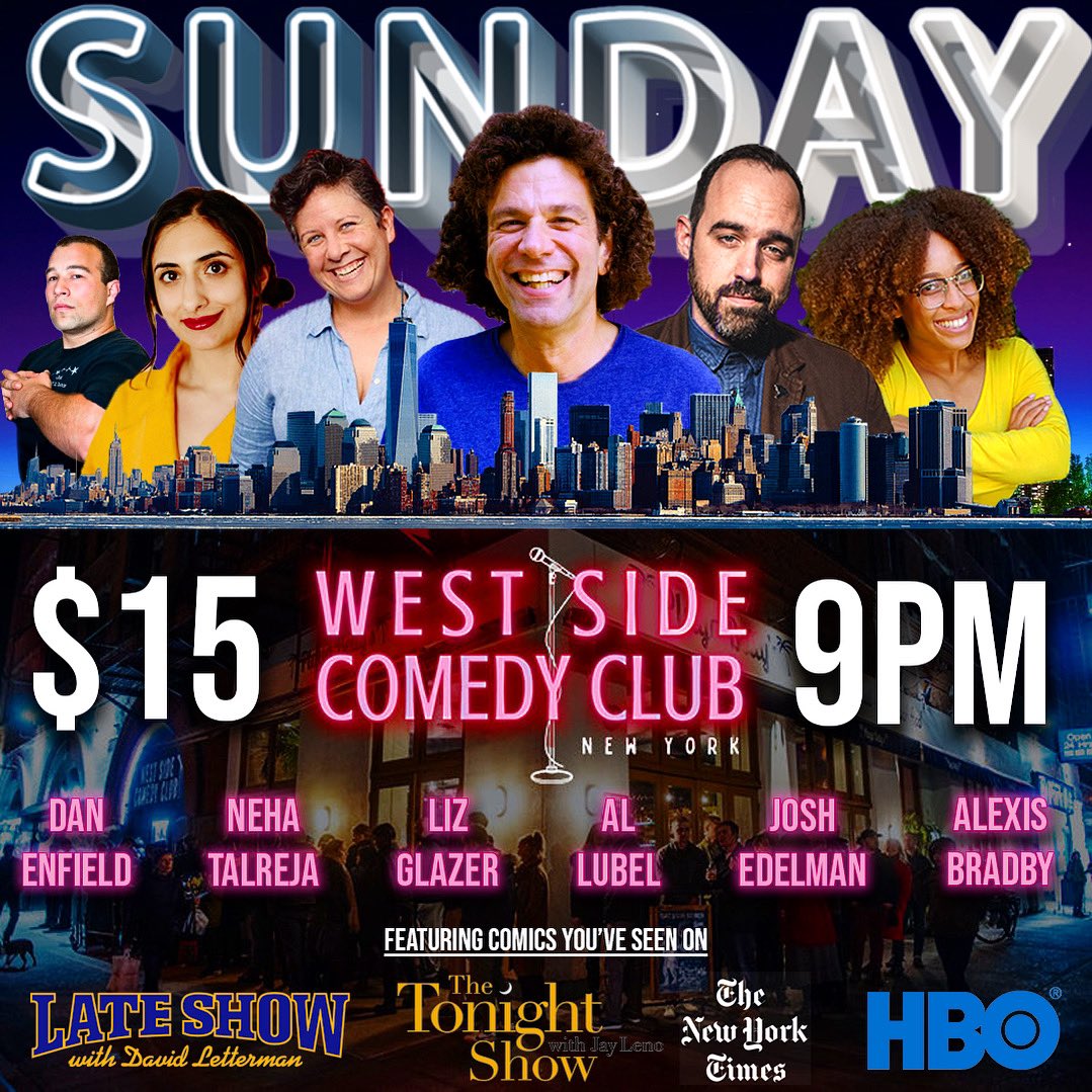 This Sunday! In NYC! Featuring <a href="/AlLubel/">Al Lubel</a> <a href="/ElizabethGlazer/">Liz Glazer</a> <a href="/alexis_bradby/">Alexis Bradby</a> <a href="/nehmowgli/">Neha Talreja</a> and more! At the West Side Comedy Club! Get tickets here: westsidecomedyclub.com/events/undisco…