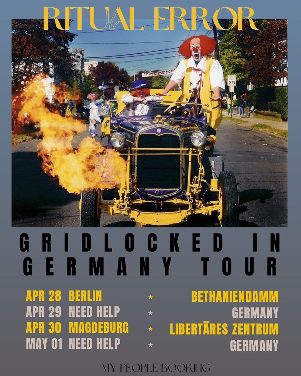 ritualerrorband's tweet photo. *TOUR ANNOUNCEMENT* - We’re going on our first ever tour in Germany at the end of April on what we’re calling the “Gridlocked In Germany Tour” (get it?) 

We can’t wait...

#posthardcore #noiserock #screamo #skramz #noiseband #noisehardcore #noiserock  #germanpunk #germanhardcore https://t.co/fQqyXDl6SQ