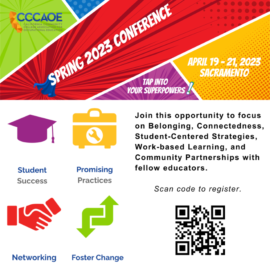 CalCommColleges's tweet photo. Today kicks off the @CCCAOE Spring 2023 Conference. Educators across the state are gathering to focus on Belonging, Connectedness, Student-Centered Strategies, Work-based Learning & Community Partnerships.
RSVP at https://t.co/BeLwMPStXP.
#CAWorkforce
#WorkforceDevelopment https://t.co/5ad5gnnc2U