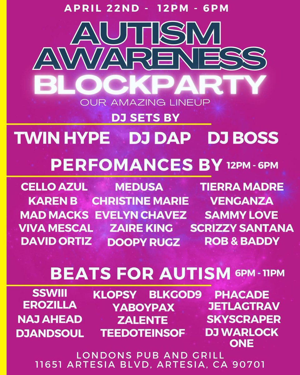 ero_zilla's tweet photo. Autism Awareness Block Party/Beats For Autism
Sat 4.22.23 6-9pm
at #LondonsPunNGrill in Artesia, CA
Great cause, dope line-up! Come celebrate Earthday 2023 with us…
#beatsforautism #earthday #earthday2023 #beatcommunity #labeatsceneevents https://t.co/Zj1tPYL4GI