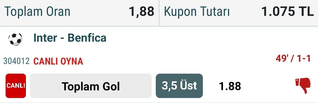 CANLI BAHİS 🔥
Bol şans diliyorum  oynayıp takip  etmeyi unutmayın
#iddaa #bahis #iddaatahminleri #iddaakuponu #benfica #inter #intervsbenfica #ManCity #BayernMunich #fenerbahçe #kırmızı