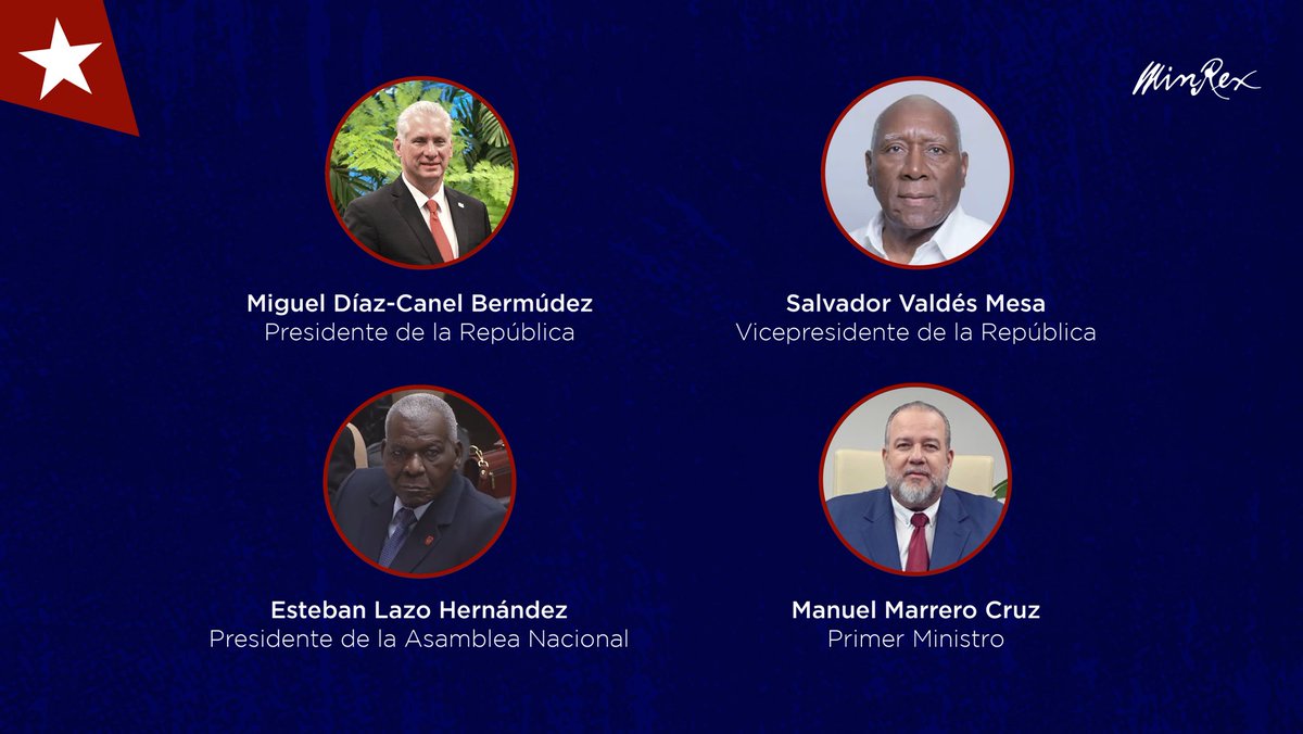 Reelegido en Sesión Constitutiva de la <a href="/AsambleaCuba/">Asamblea Nacional Cuba</a> en su X Legislatura, el compañero <a href="/DiazCanelB/">Miguel Díaz-Canel Bermúdez</a>, como Presidente de la República de #Cuba 🇨🇺.

Ratificados también, Salvador Valdés Mesa, como vicepresidente y Marrero Cruz, como Primer Ministro.

#AsambleaDelPueblo