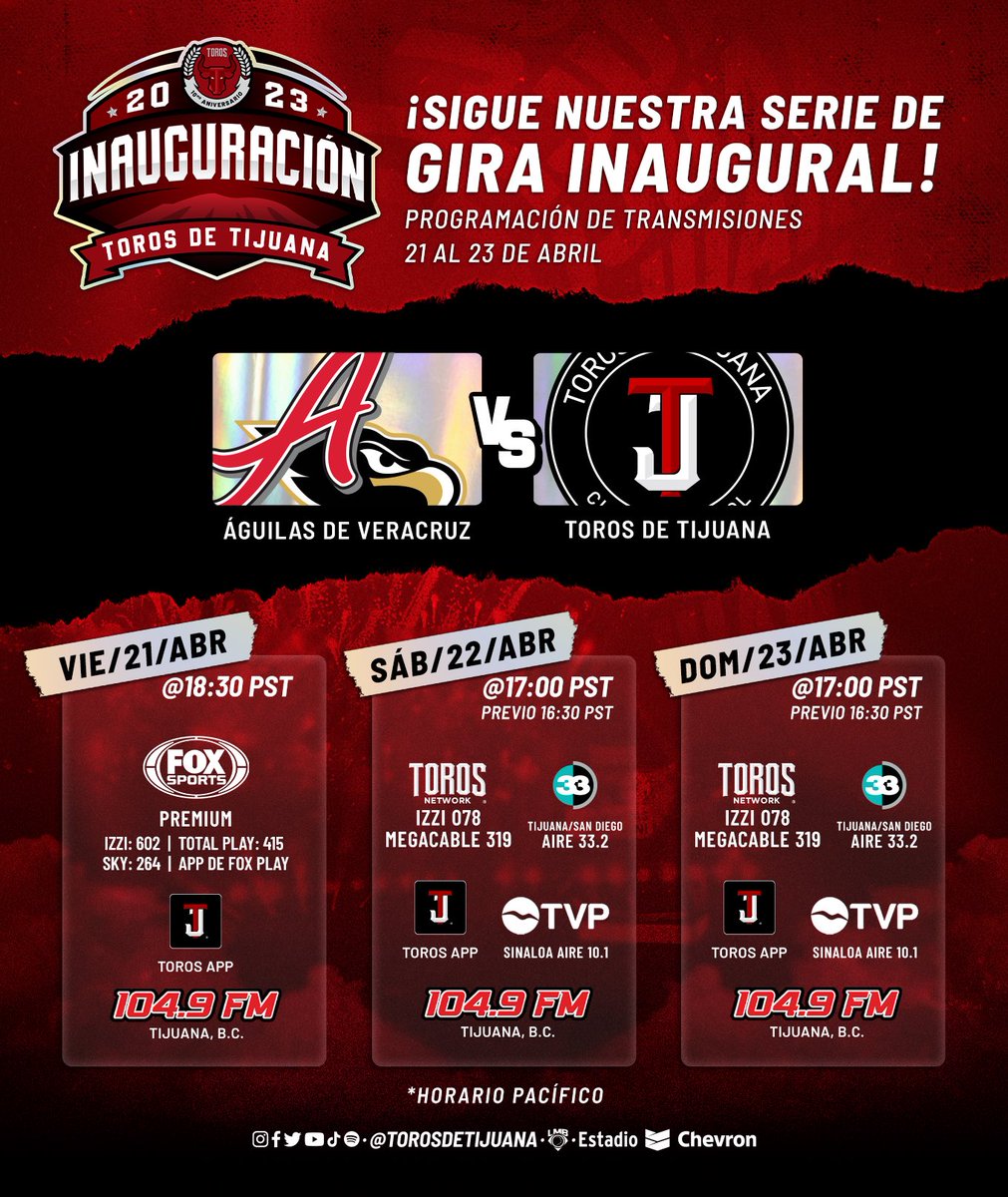 🚨Sigue nuestra serie inaugural🚨 Te compartimos nuestro programa de transmisiones para que no te quedes sin apoyar a nuestros Toros 🎉 #TorosJuntos🐃♥️