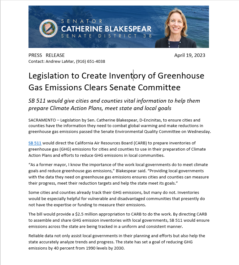 SenBlakespear's tweet photo. Excited to report that my bill to create an inventory of greenhouse gas emissions for cities and counties has passed the Sen Environmental Quality Committee! #SB511 will help local governments track and reduce their emissions. @CASenateDems @BenAllenCA @CivicWellorg @CCCounty https://t.co/mTn00Ecl9N