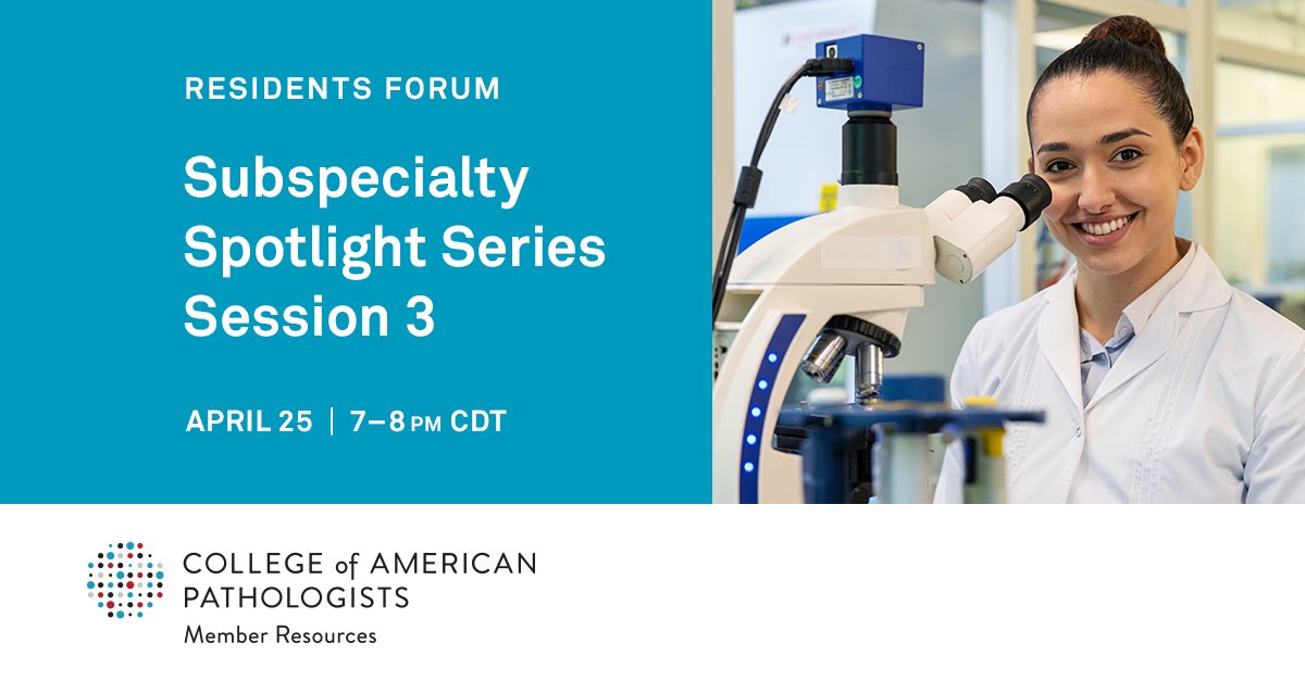 Pathologists's tweet photo. What subspecialties are you considering when planning for a fellowship? Learn from the experts and ask questions with other trainees about #breastpathology #transfusionmedicine #clinicalchemistry #gynpath and #molecularpathology
Register for Session 3: https://t.co/1i2yfYLFjy https://t.co/SjmluxgLkv
