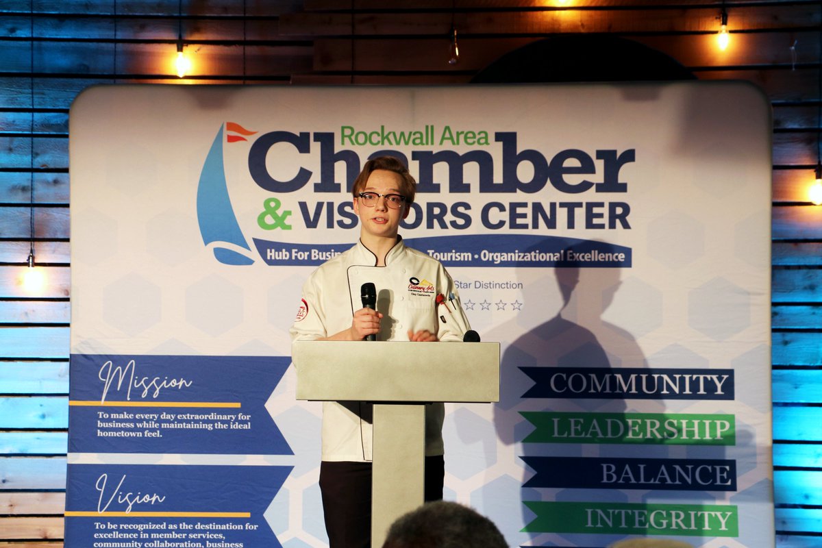 rockwallschools's tweet photo. .@CulinaryGbcca state winner Clay C. wowed the crowd at @RockwallChamber luncheon today with his leadership and poise. He thanked the community for supporting students as he and his team compete in nationals soon. He then introduced Dr. V to report on the State of the District. https://t.co/X2fBlp3hY7