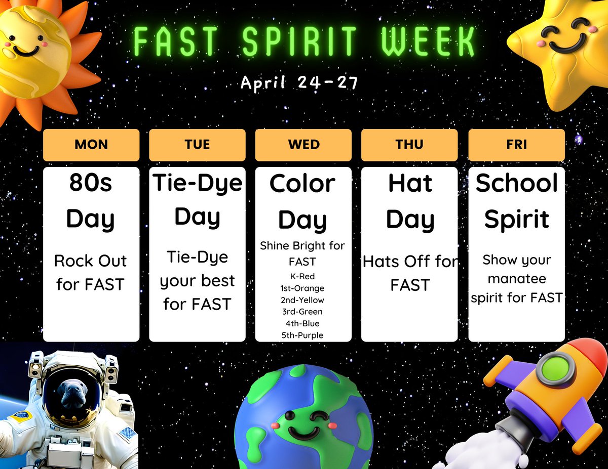 SpringLakeSCPS's tweet image. Next week is FAST Spirit Week as we get ready to do our best on the upcoming test! 📝