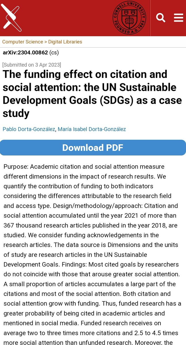 The funding effect on citation and social attention: the UN Sustainable Development Goals (SDGs) as a case study. #altmetrics #research arxiv.org/abs/2304.00862