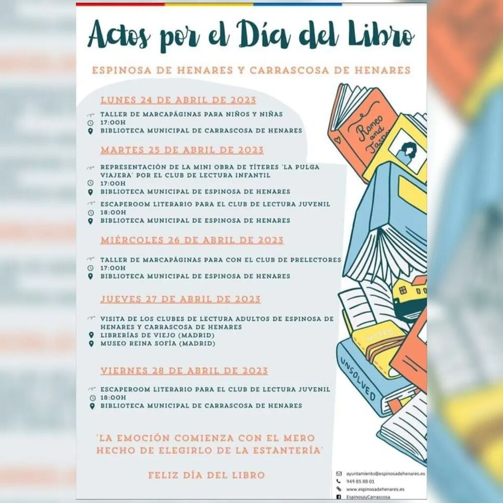 ℹ ACTIVIDADES POR EL DÍA DEL LIBRO 📒 EN ESPINOSA Y CARRASCOSA!

  Desde el 🏫Ayuntamiento y con la colaboración de la 📚Biblioteca vamos a celebrar el Día del Libro.
 Se han preparado varias actividades para nuestros 🏘municipios, durante la semana … instagr.am/p/CrOstBRMPBX/