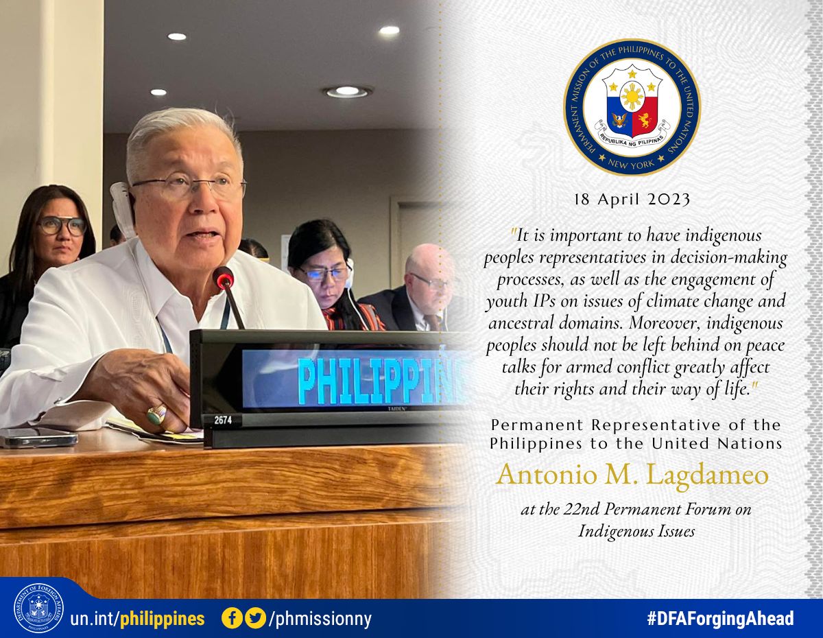 PHMissionNY's tweet photo. 🇵🇭 Amb/PR Antonio Lagdameo reaffirms the PH commitment to the rights and development of #IndigenousPeoples during the 22nd Session of the Permanent Forum on Indigenous Issues #PFII22.
@DFAPHL @SecManalo https://t.co/JJgsiCvJHT