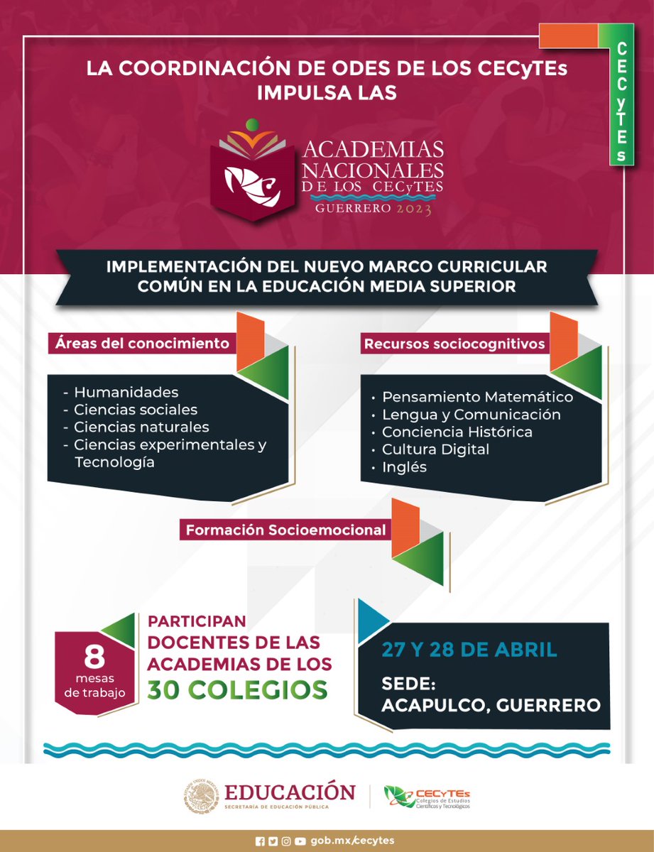 ccecyte's tweet photo. La Coordinación de ODES de los CECyTEs impulsa las Academias Nacionales de los CECyTEs con la Implementación del Nuevo Marco Curricular Común en la EMS.    

⏰ 27 y 28 de abril Sede Acapulco, Guerrero  

 👉Consulta la convocatoria https://t.co/dtDZVk2pKl https://t.co/hQU7KfQhIL